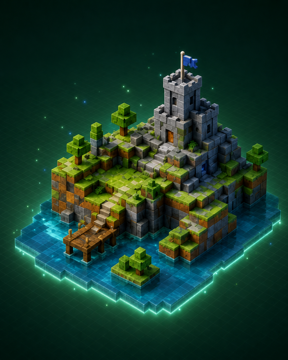 Isla de bloques con un castillo, árboles y un embarcadero